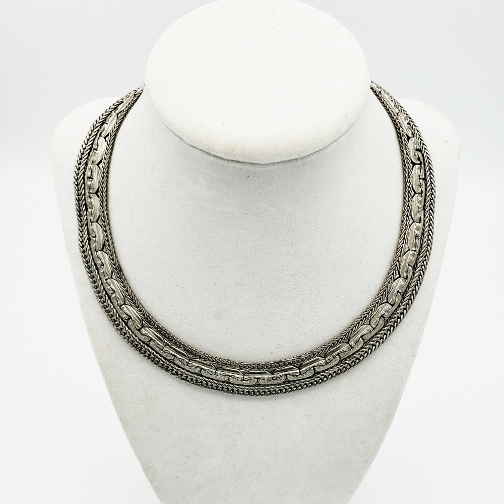 Vintage Silver-Tone Woven Chain Collar Necklace